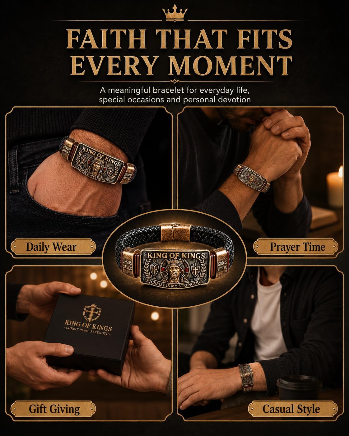 King of Kings Faith Bracelet - Adjustable Handmade Religious Leather Wristband for Men