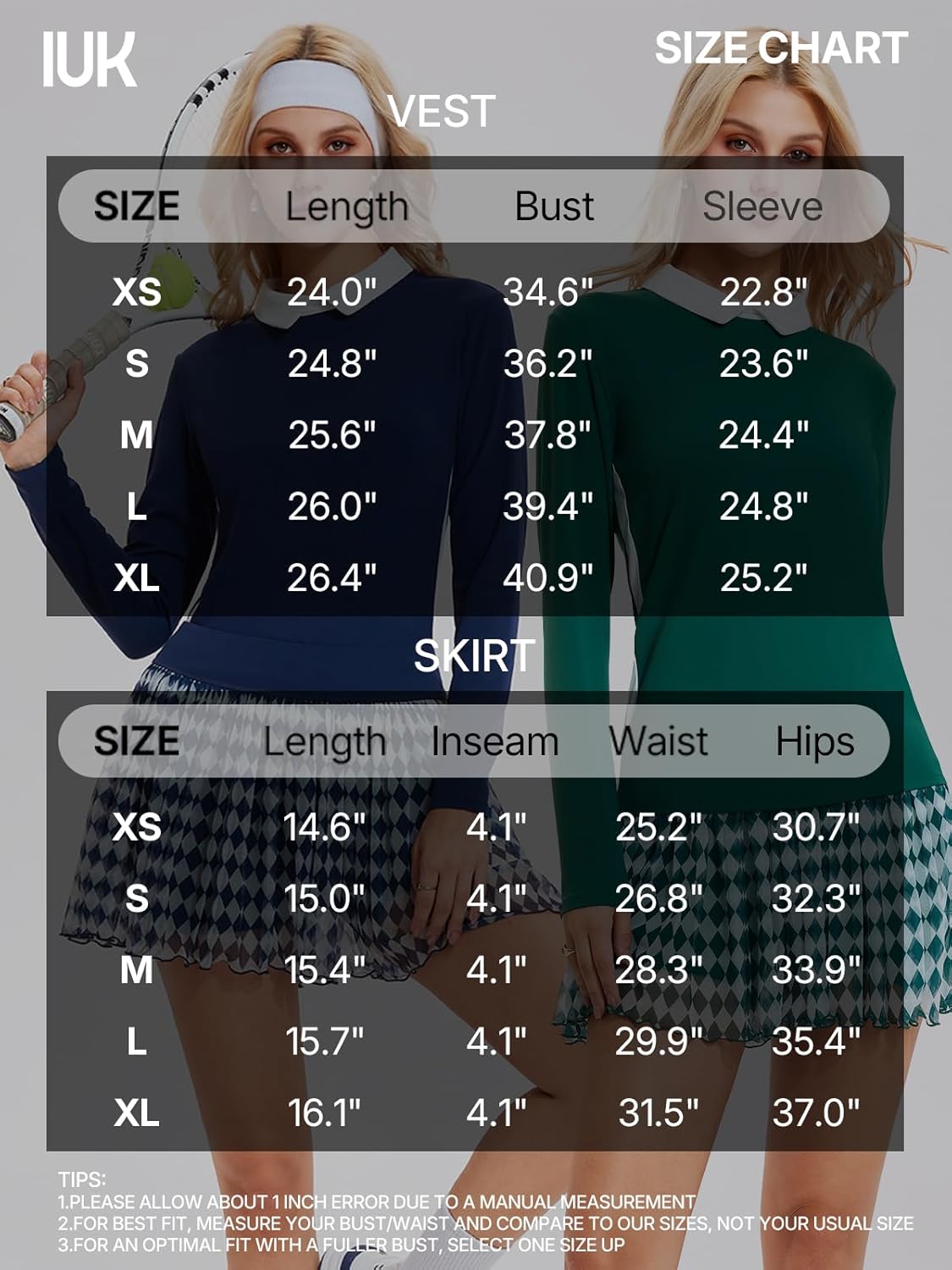 Women's 2 Piece Tennis Skirt Set - Long Sleeve Color Block Top & Pleated Skort with 4 Pockets