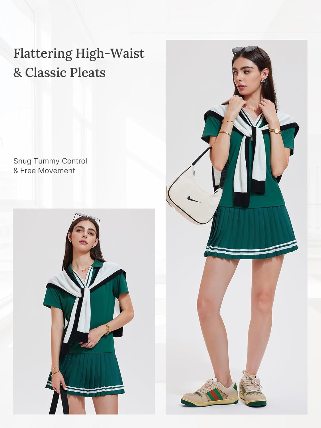 Women's 2 Piece Pleated Tennis Skirt Set - V-Neck Polo Athletic Outfit with Pockets
