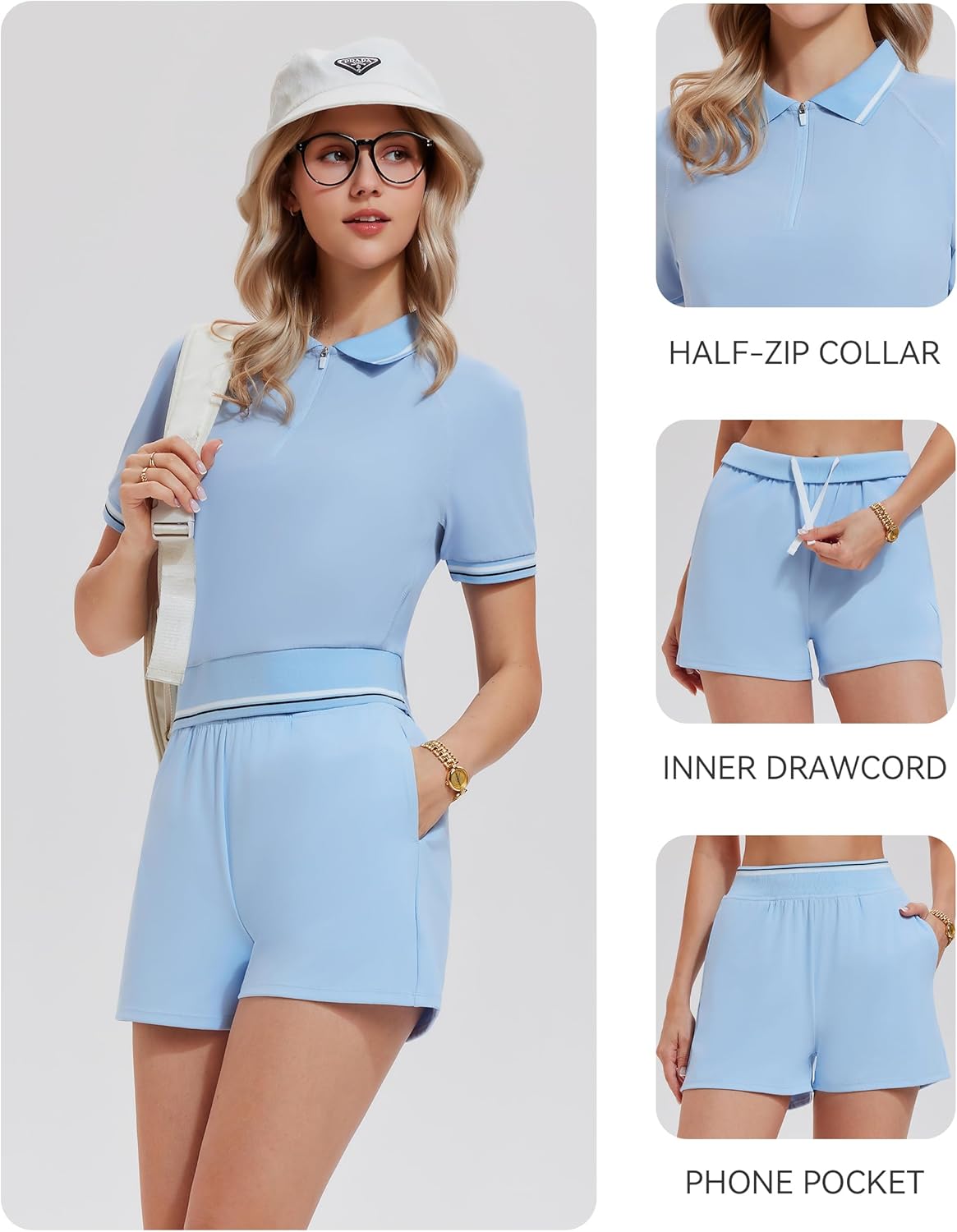 Mudere Womens 2 Piece Tennis Short Sets Collared Half Zip Top Drawstring Shorts with Pockets for golf workout