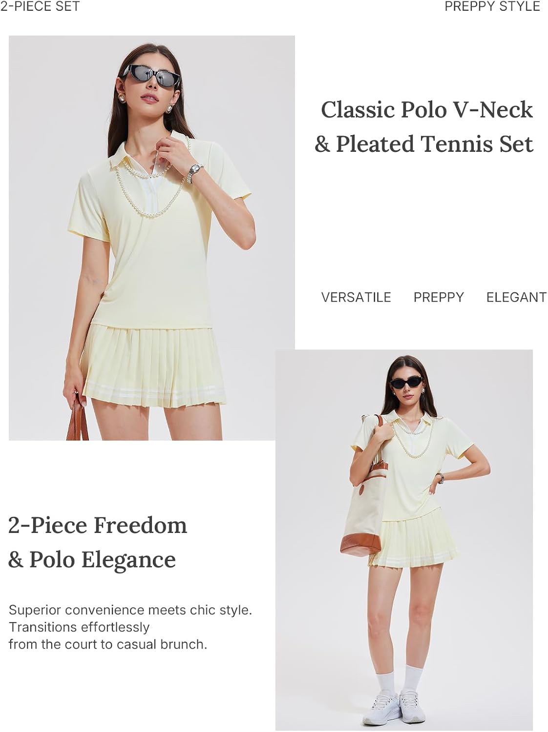 Women's 2 Piece Tennis Skirt Set - Pleated Golf Outfit with Polo V-Neck and Pockets
