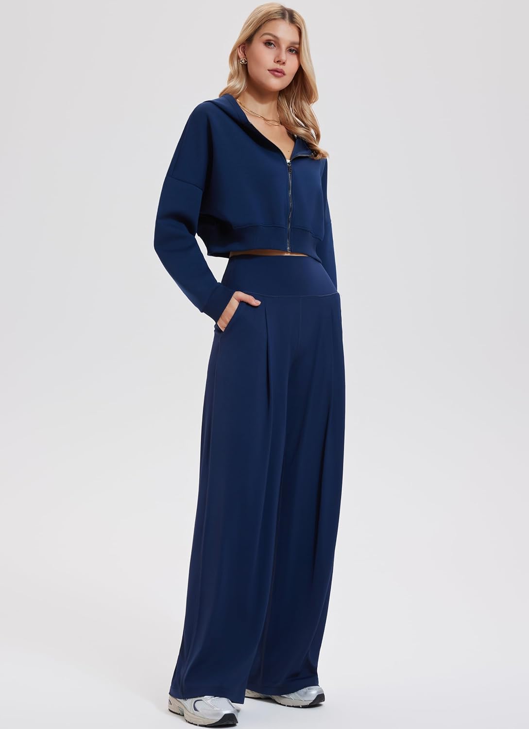 Mudere 2 Piece Sets for Women Fall Travel Outfits Long Sleeve Tracksuit High Waist Wide Leg Pants Zip Sweatsuit Matching Set