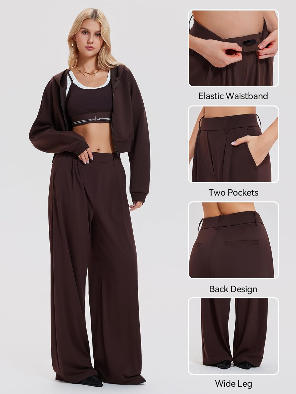 Airfree Tall Women's 2 Piece Outfits Spring Airport Cropped Hoodie Long Wide Leg Pants Sets Travel Lounge Sets Work Sweatsuit