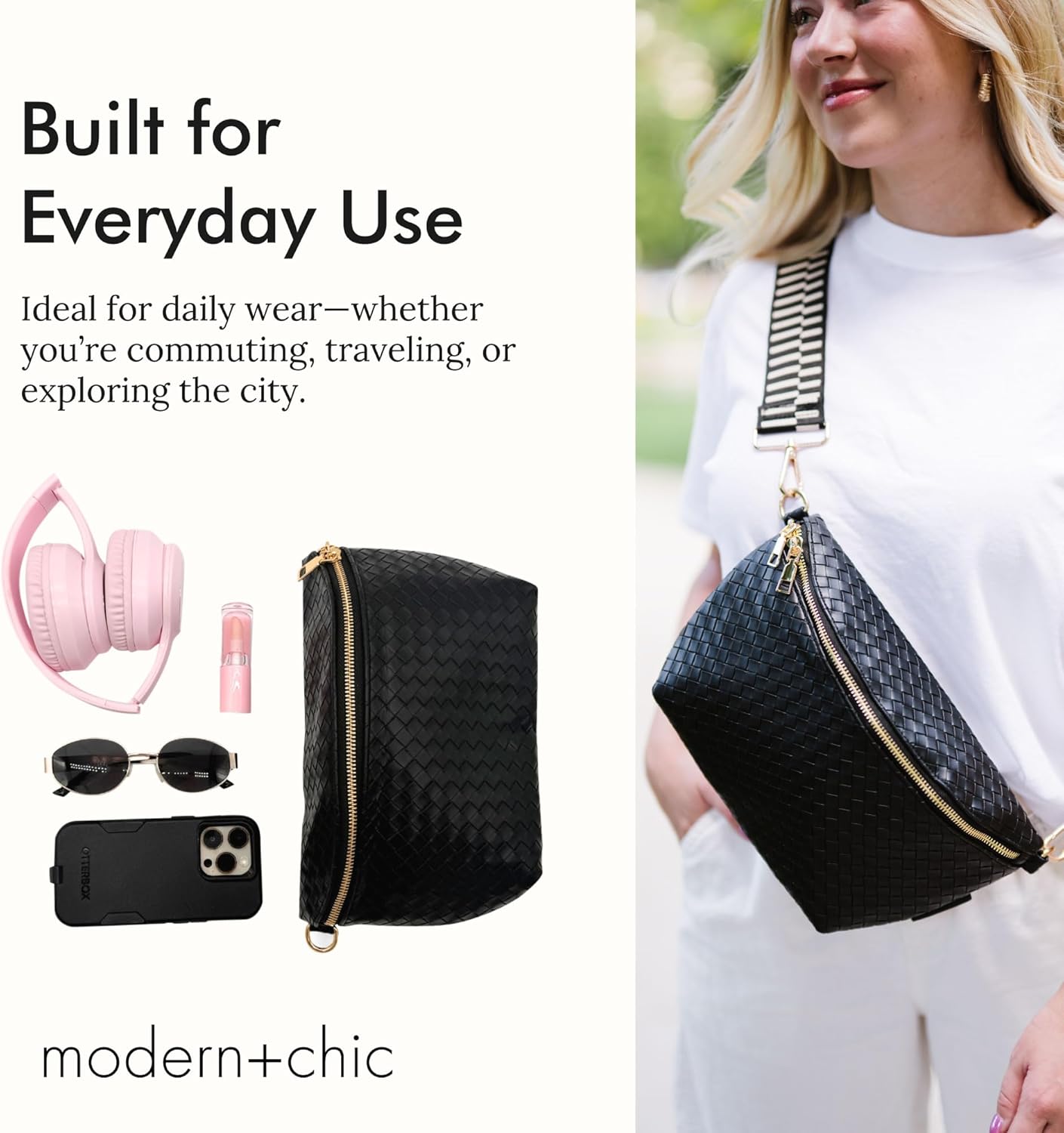 Woven Crossbody Bag for Women - Vegan Leather Purse with Adjustable Strap, Lightweight Pressed Design