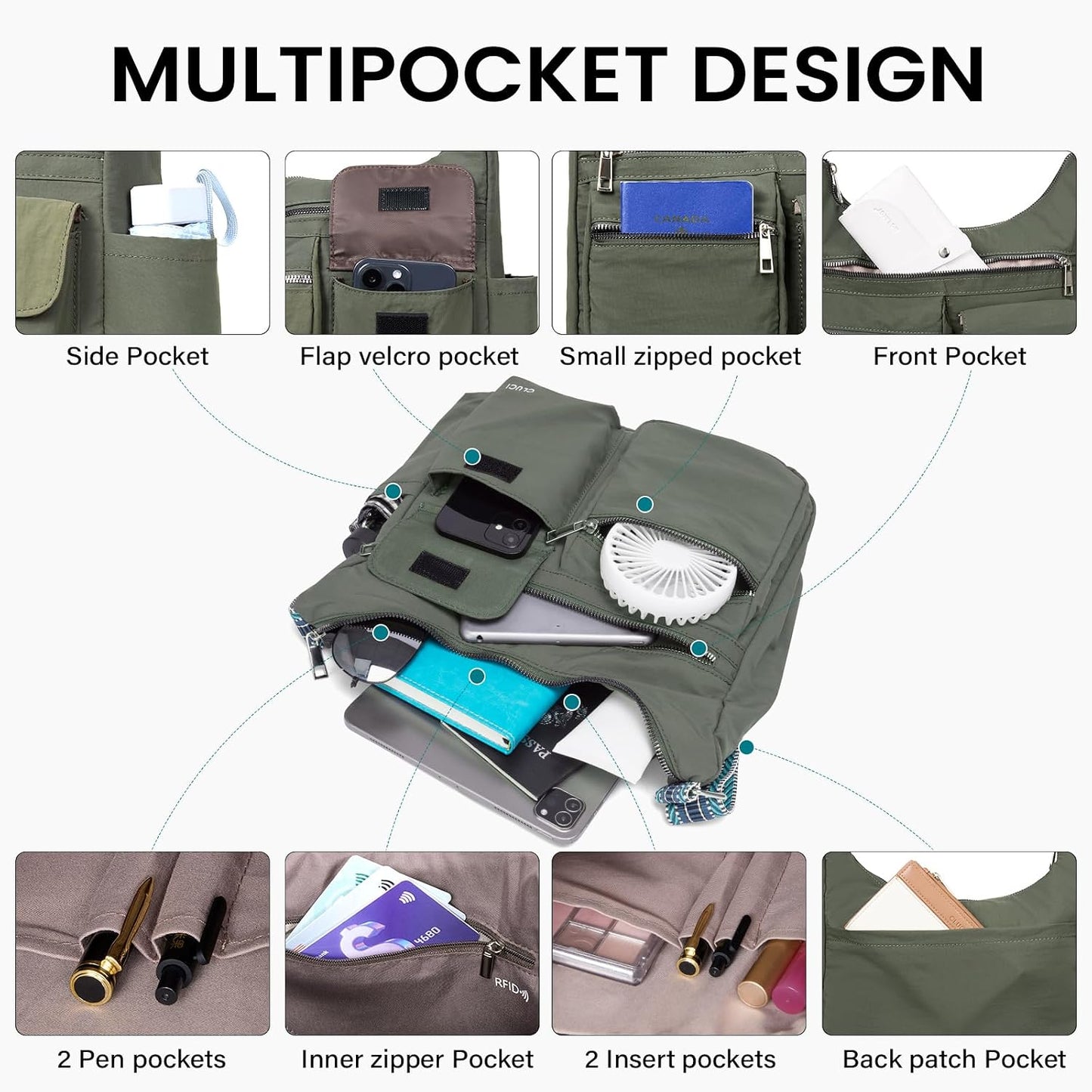 Anti-Theft Crossbody Bags for Women Travel, Water-Resistant Nylon Shoulder Handbags
