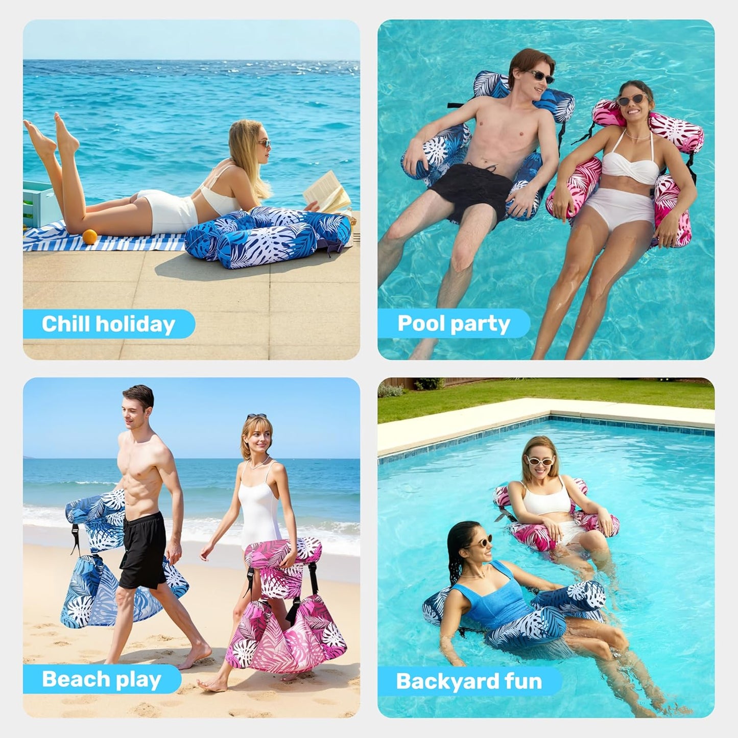 2-Pack Inflatable Pool Float Lounge Chairs with Mesh Seat for Adults, Heavy Duty Water Hammocks