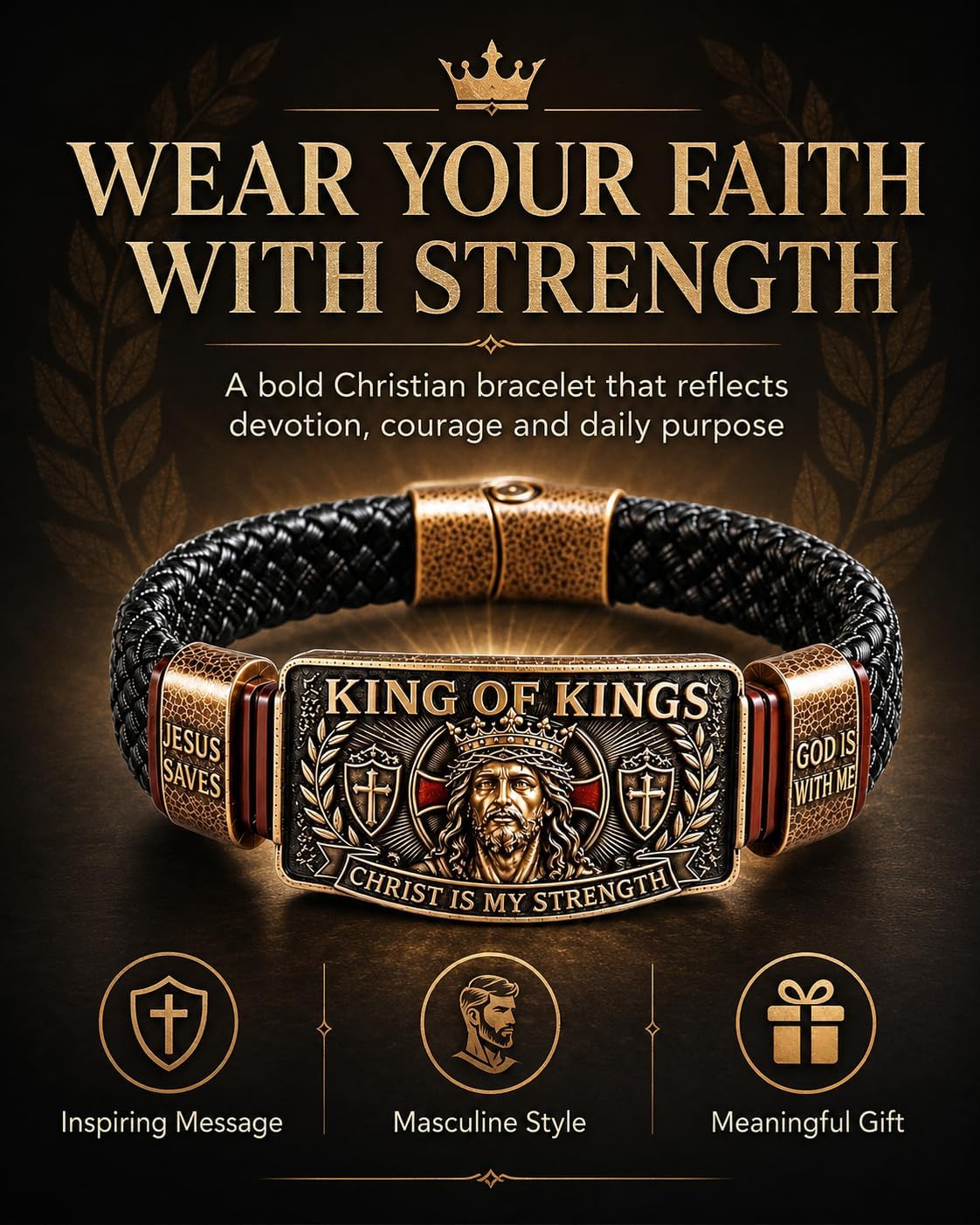 King of Kings Faith Bracelet - Adjustable Handmade Religious Leather Wristband for Men