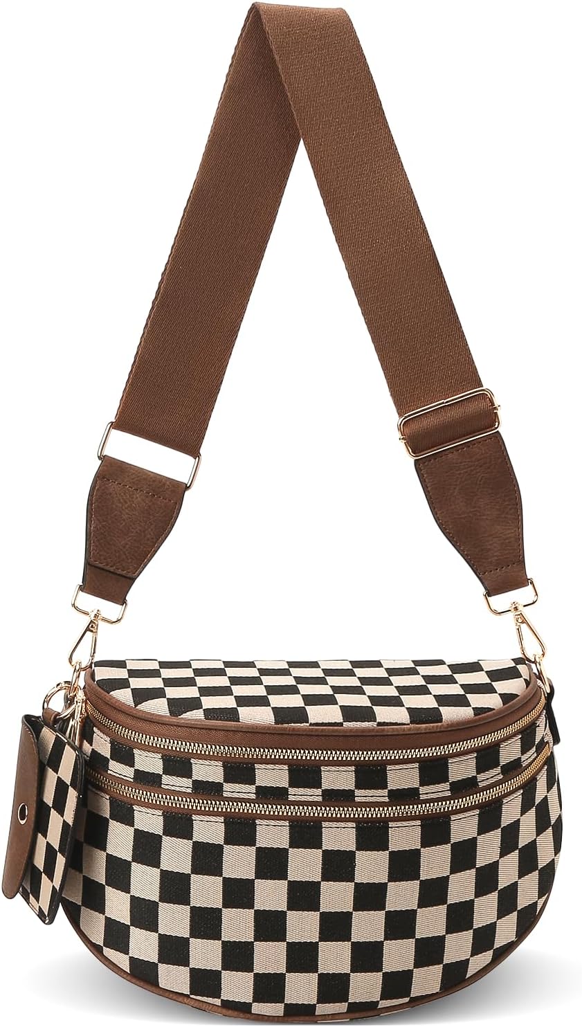 Checkered Crossbody Bum Bag for Women - Large Trendy Belt Purse for Daily Use