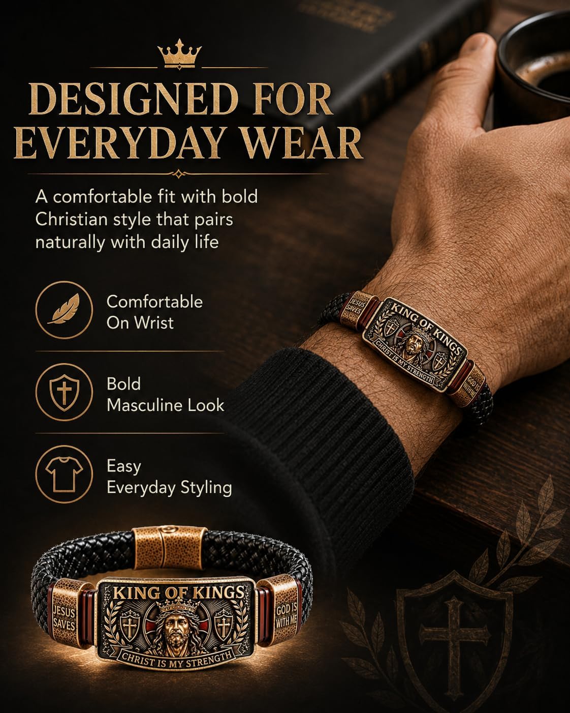 King of Kings Faith Bracelet - Adjustable Handmade Religious Leather Wristband for Men