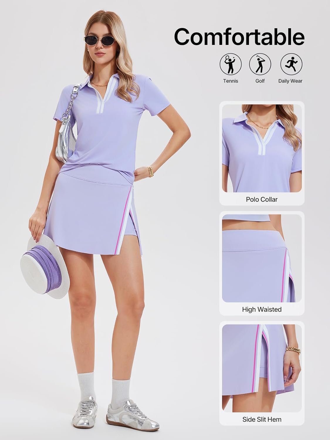 Women's 2 Piece Tennis Skirt Set - Colorblock V-Neck Polo & High Waisted Side Slit Skort