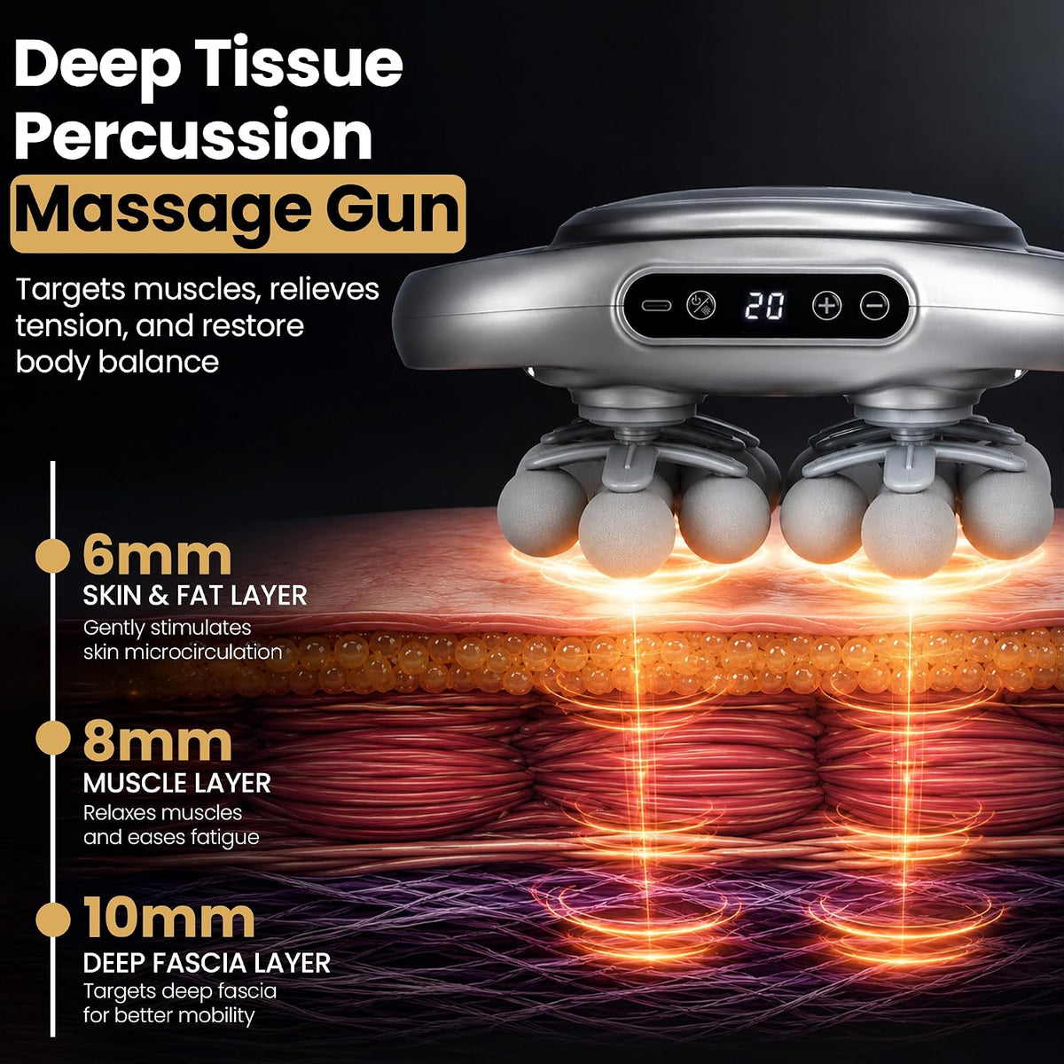 22-Head Deep Tissue Massage Gun - 3 Modes & 9 Intensity Levels Percussion Massager