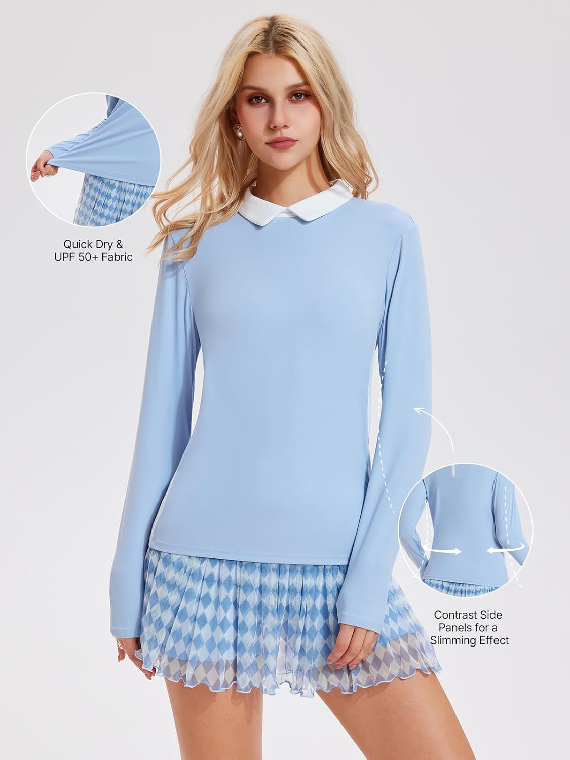 Women's 2 Piece Golf Outfit Tennis Skirt Set Long Sleeve Back Zipper & Flowy Mesh Pleated Skort