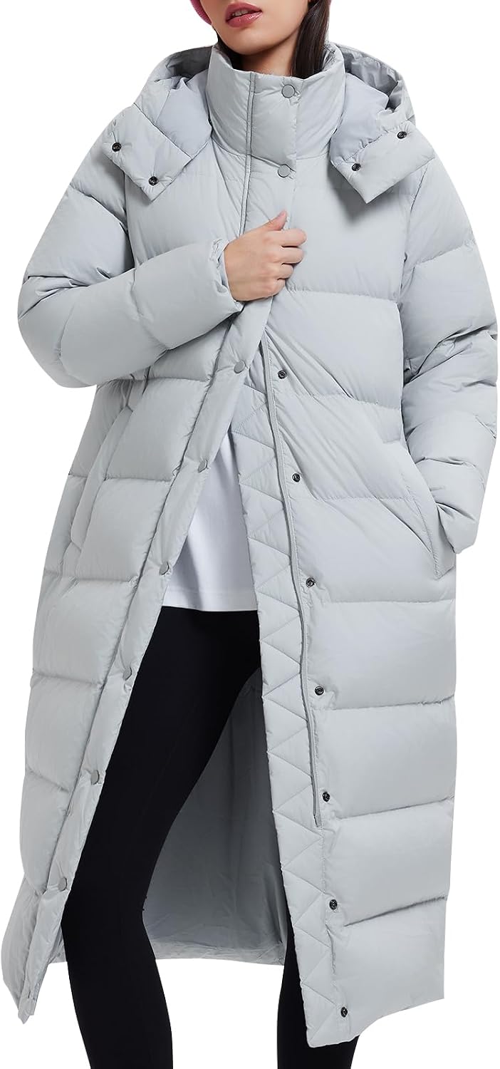 AFZ Women's 800FP Long Down Puffer Coat with Cinched Waist and Removable Hood, Water-Resistant Winter Jacket