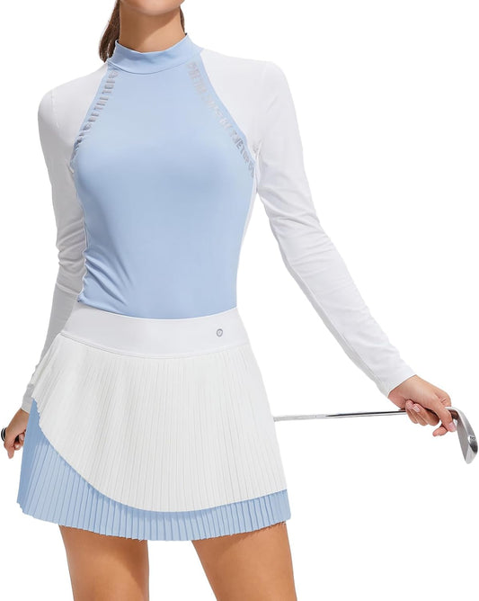 Airfree Two Piece Sets for Women Mock Neck Long Sleeve Tops Golf Skirts Outfits Pleated Tennis Skirt Fall Casual Sets