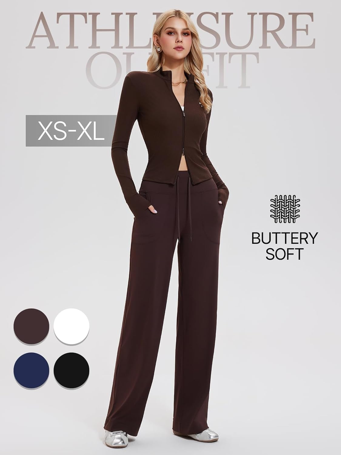 Tall Women's 2 Piece Matching Lounge Set Y2K Zip Jacket and High Waist Pants