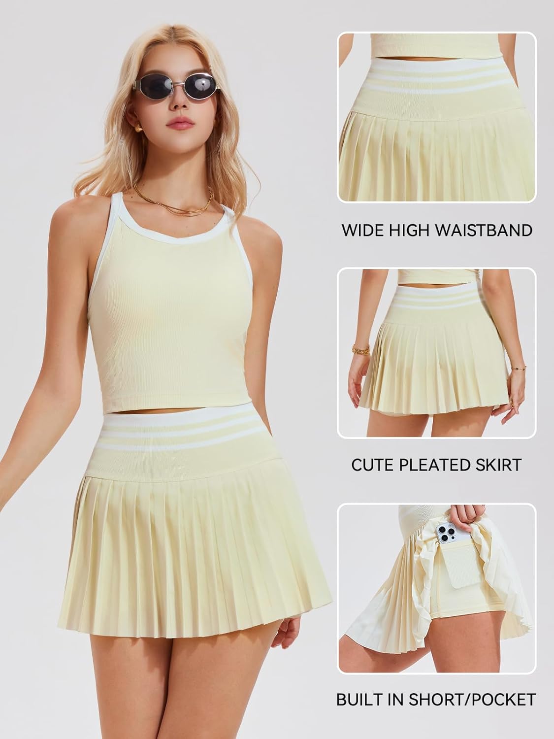 Airfree Two Piece Tennis Skirt Set Golf Outfits for Women High Waisted Tennis Short Dress with Pockets Athletic 2 Piece Sets