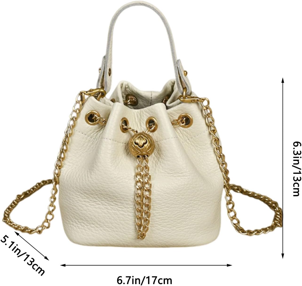 Genuine Leather Bucket Bag with Gold-Tone Chain Strap and Quilted Sphere Detail