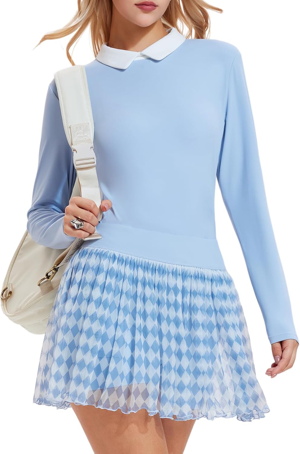 Women's 2 Piece Golf Outfit Tennis Skirt Set Long Sleeve Back Zipper & Flowy Mesh Pleated Skort