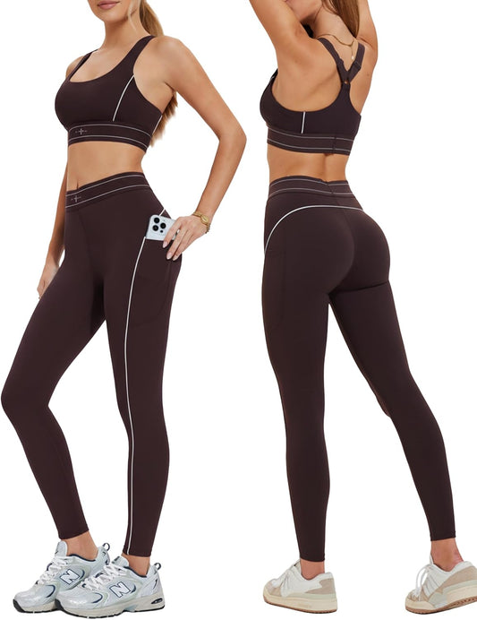 Mudere 2 Piece Workout Sets for Women High Waist Leggings with High Impact Sports Bra Yoga Outfits