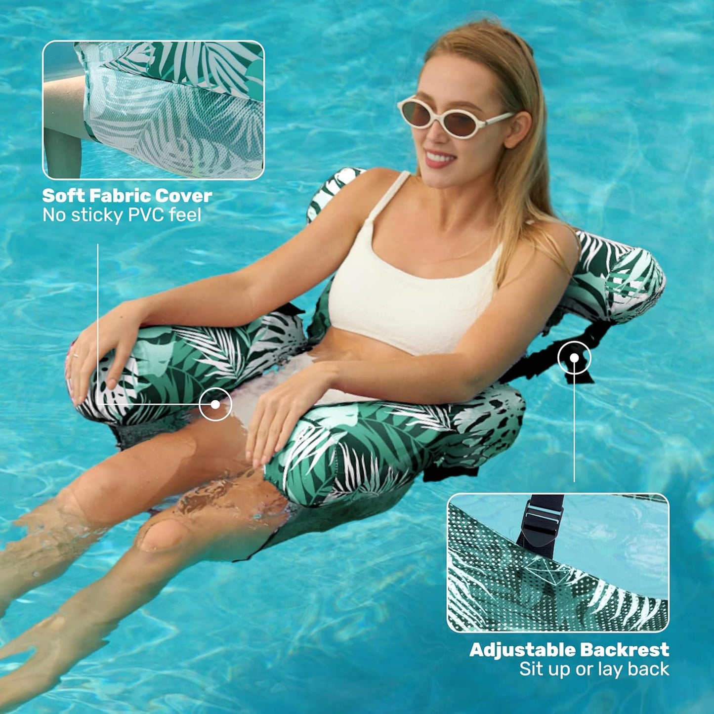 2-Pack Inflatable Pool Float Chairs, Fabric Covered Floating Lounge with Mesh Sling