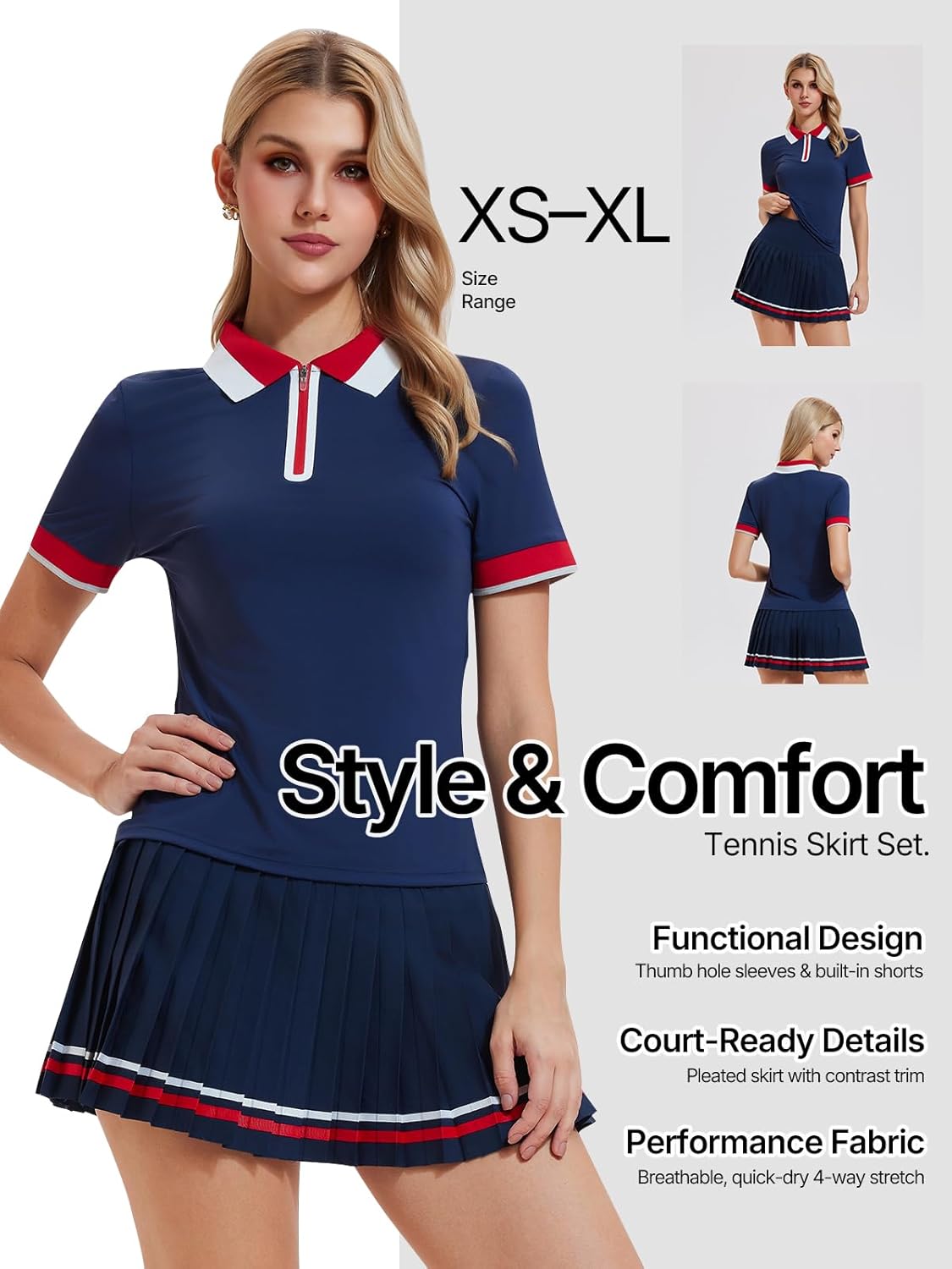 Women's 2-Piece Tennis Skirt Set, Polo V-Neck Top & High-Waisted Pleated Skirt Athletic Outfit