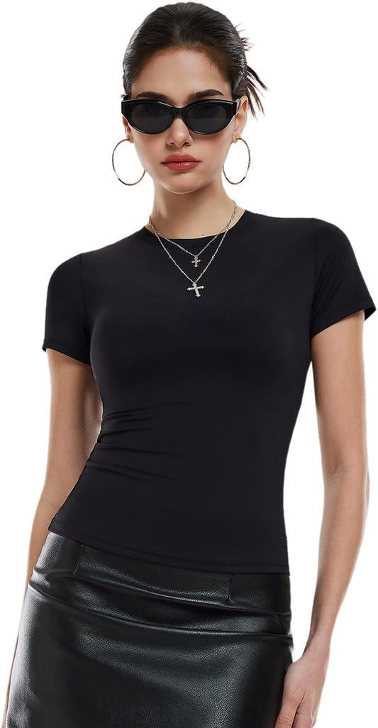 Women's Short Sleeve Compression Workout Top - Slim Fit Stretchy Y2K Casual Tee