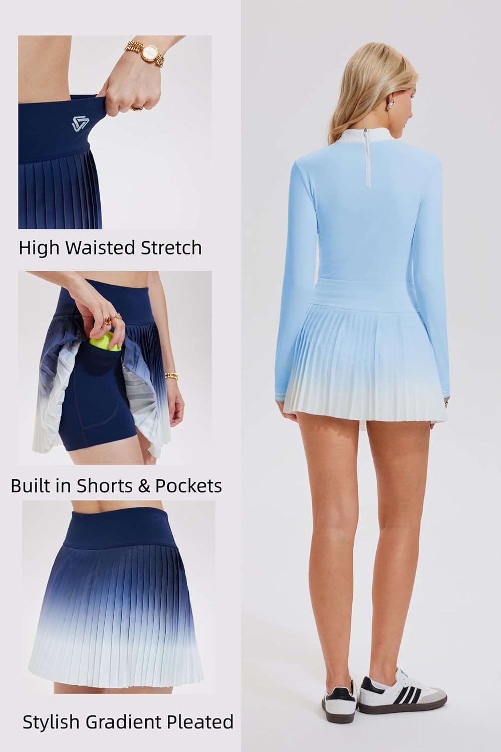 AFZ Tennis Outfits Casual Fall Two Piece Skirt Set Pickleball Golf Outfits for Women Long Sleeve Zipper Back Shirt and Gradient Pleated Golf Dress with Shorts and Pockets Sky Blue XS