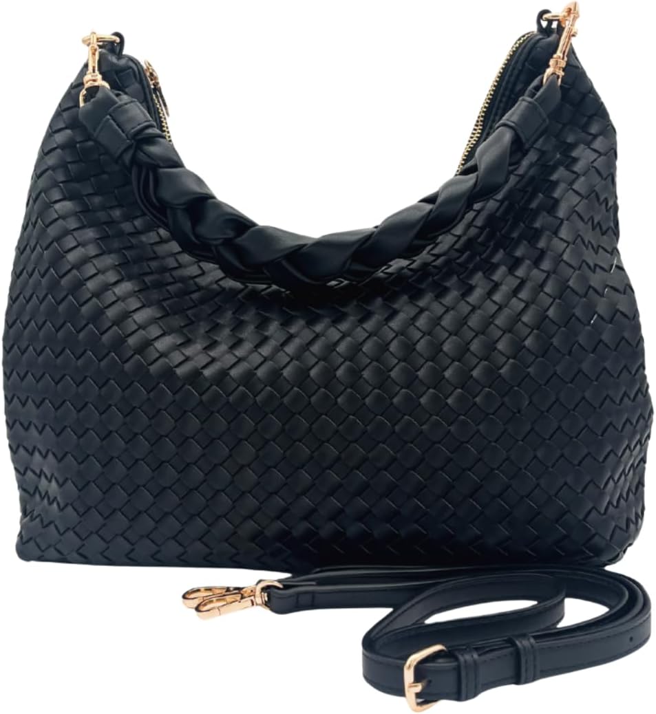 Woven Vegan Leather Shoulder Bag with Removable Adjustable Crossbody Strap