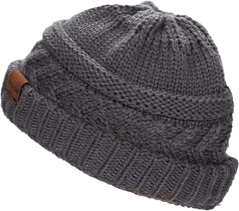 2 Pack Ponytail Beanie for Women, Winter Warm Soft Stretch Cable Knit Messy High Bun Hat