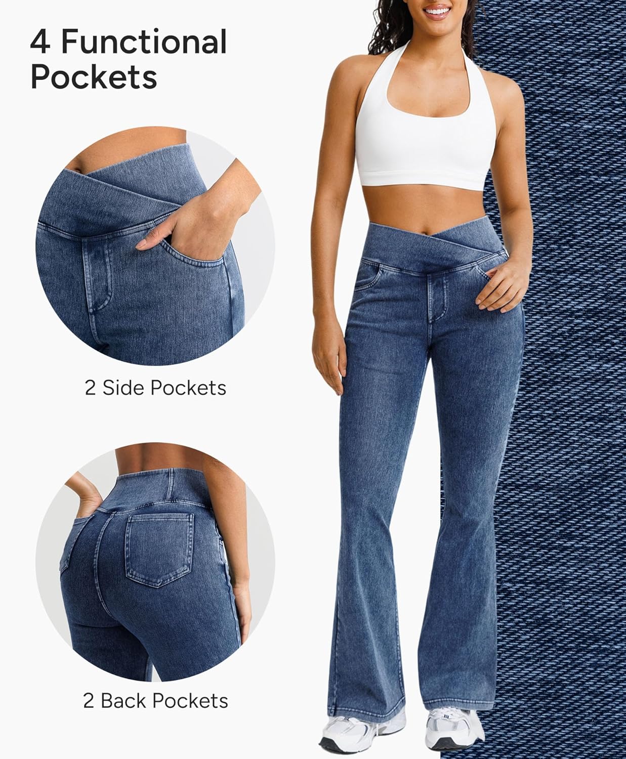 Women's 29" & 31" Flare Jeggings with 4 Pockets - Crossover Tummy Control Bell Bottom Jeans