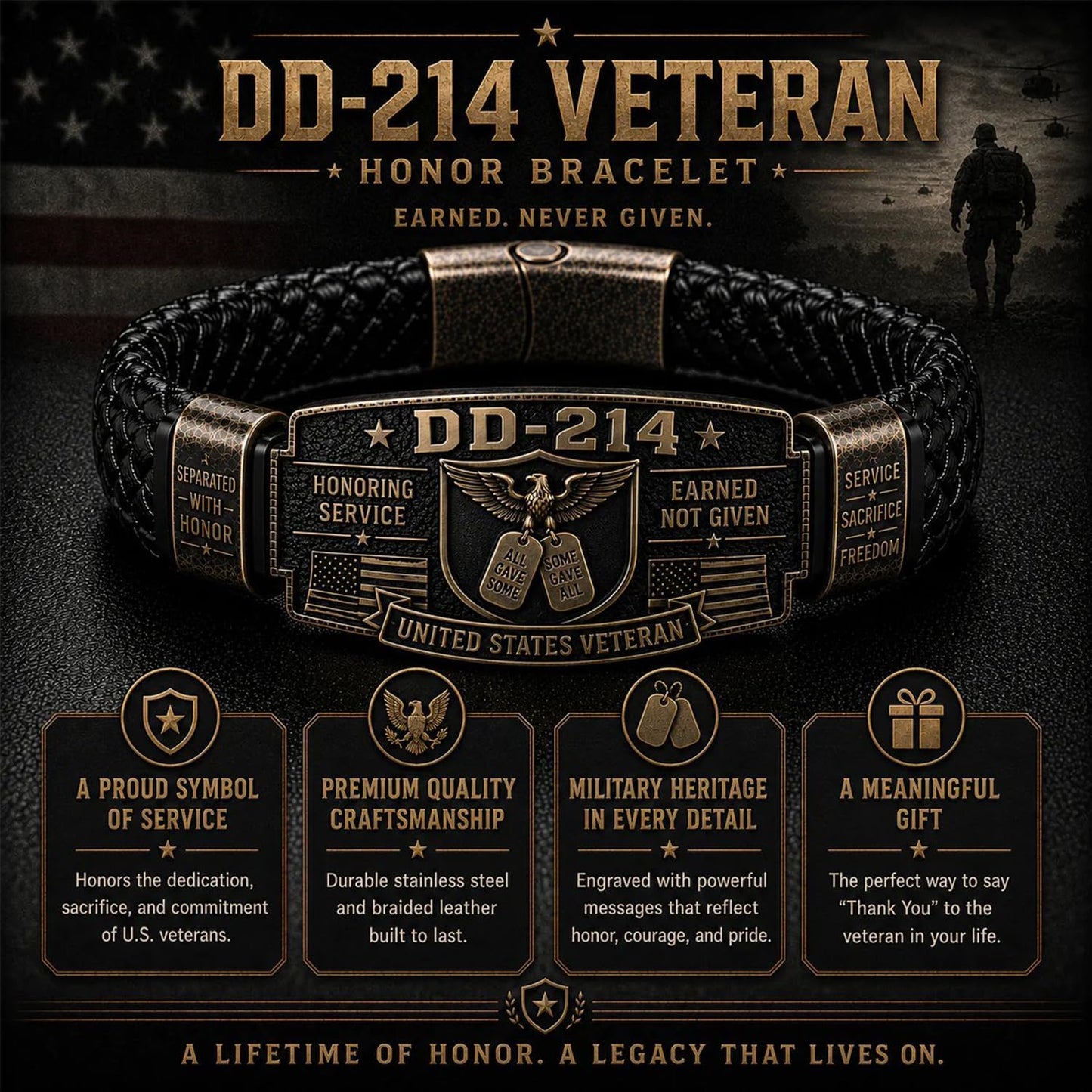 Veteran Honor Bracelet, Earned Not Given Braided Cuff Bangle, Antique USA Flag Eagle Wristband