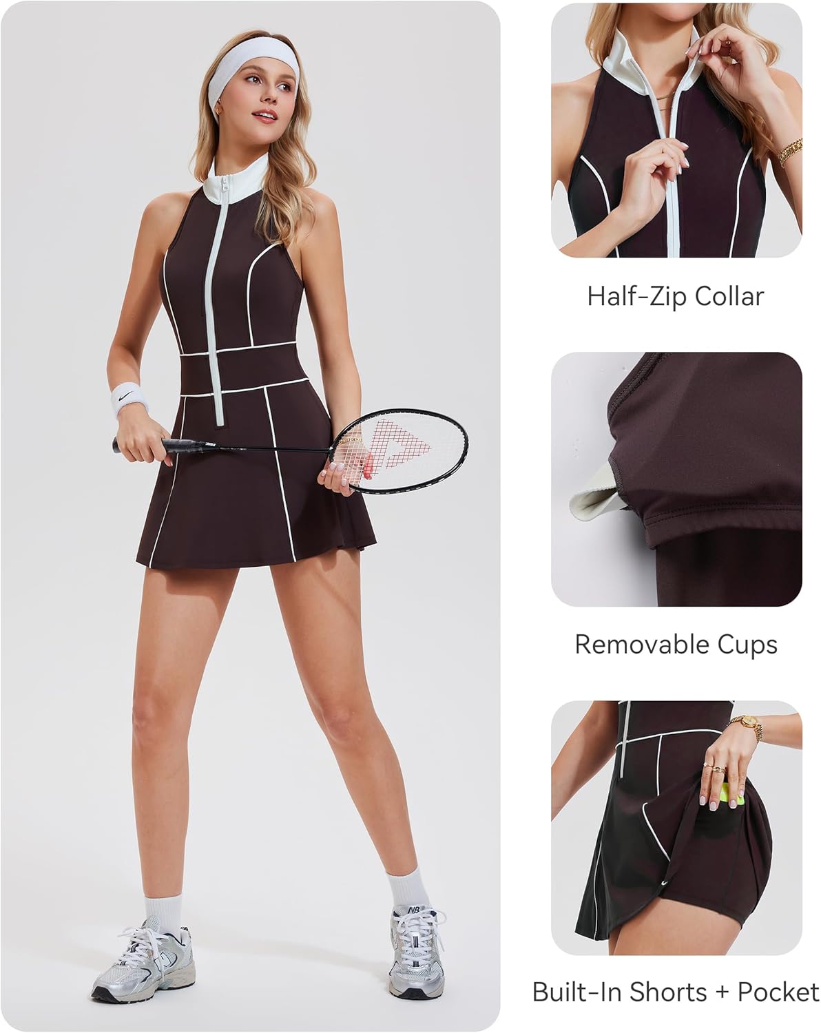 Mudere Womens Half Zip Tennis Dress Stand Collar Racer Back Workout Golf Dress Build in Shorts with Pocket