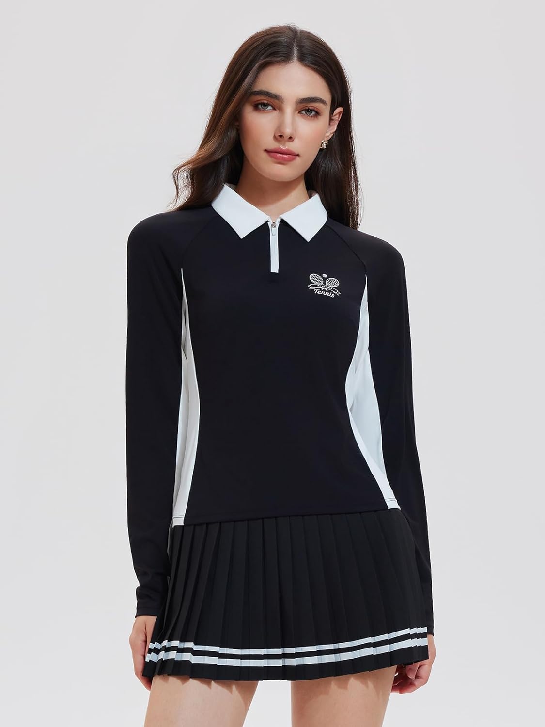 Women's 2 Piece Tennis Skirt Set - Half Zip Long Sleeve Sweater & Pleated Skort Outfit