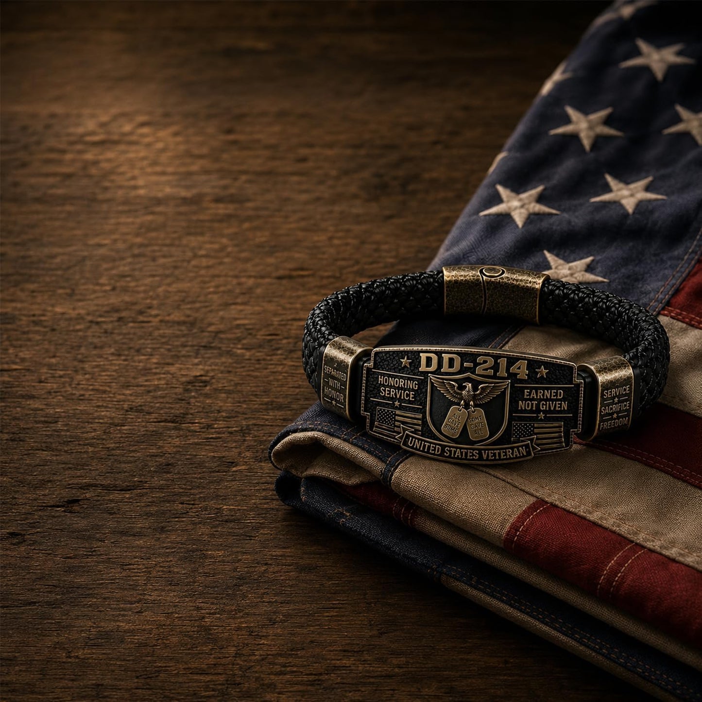 Veteran Honor Bracelet, Earned Not Given Braided Cuff Bangle, Antique USA Flag Eagle Wristband