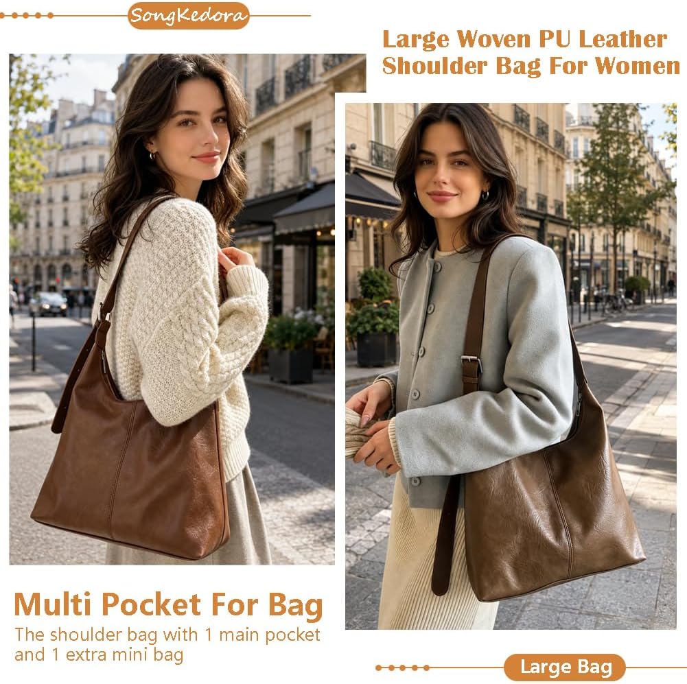 Large Hobo Bag for Women - Vegan Leather Slouchy Shoulder Handbag and Travel Tote