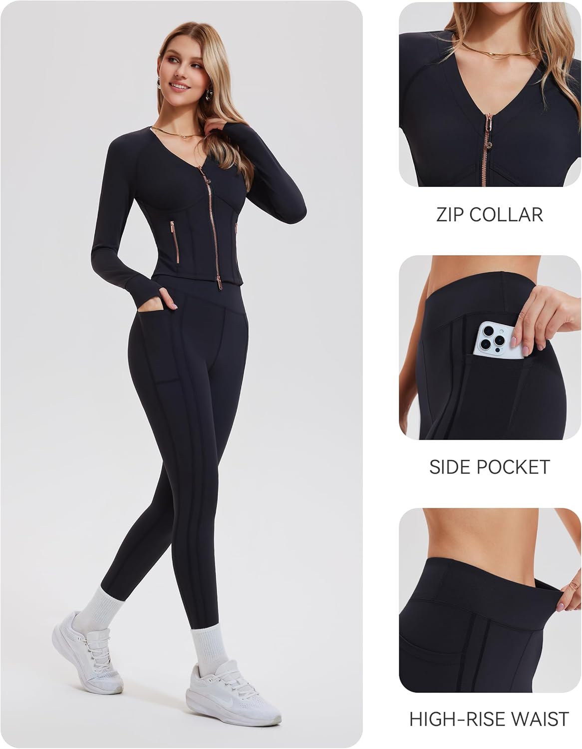 Mudere Women 2 Piece Workout Sets Long Sleeve Zip Up Jacket High Waisted Gym Leggings Yoga Outfit