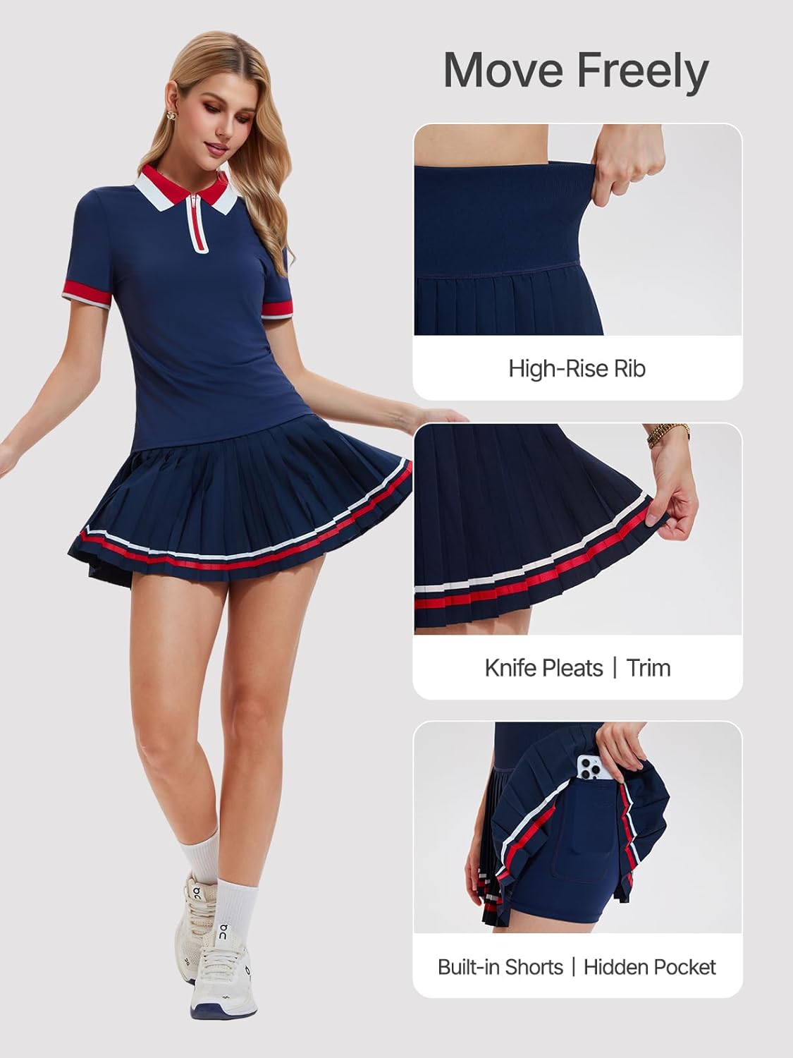 Women's 2-Piece Tennis Skirt Set, Polo V-Neck Top & High-Waisted Pleated Skirt Athletic Outfit