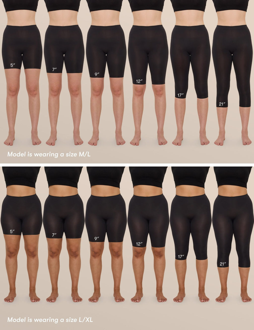 Inseam length comparison: 5, 7, 9, 12, 17 and 21 inch