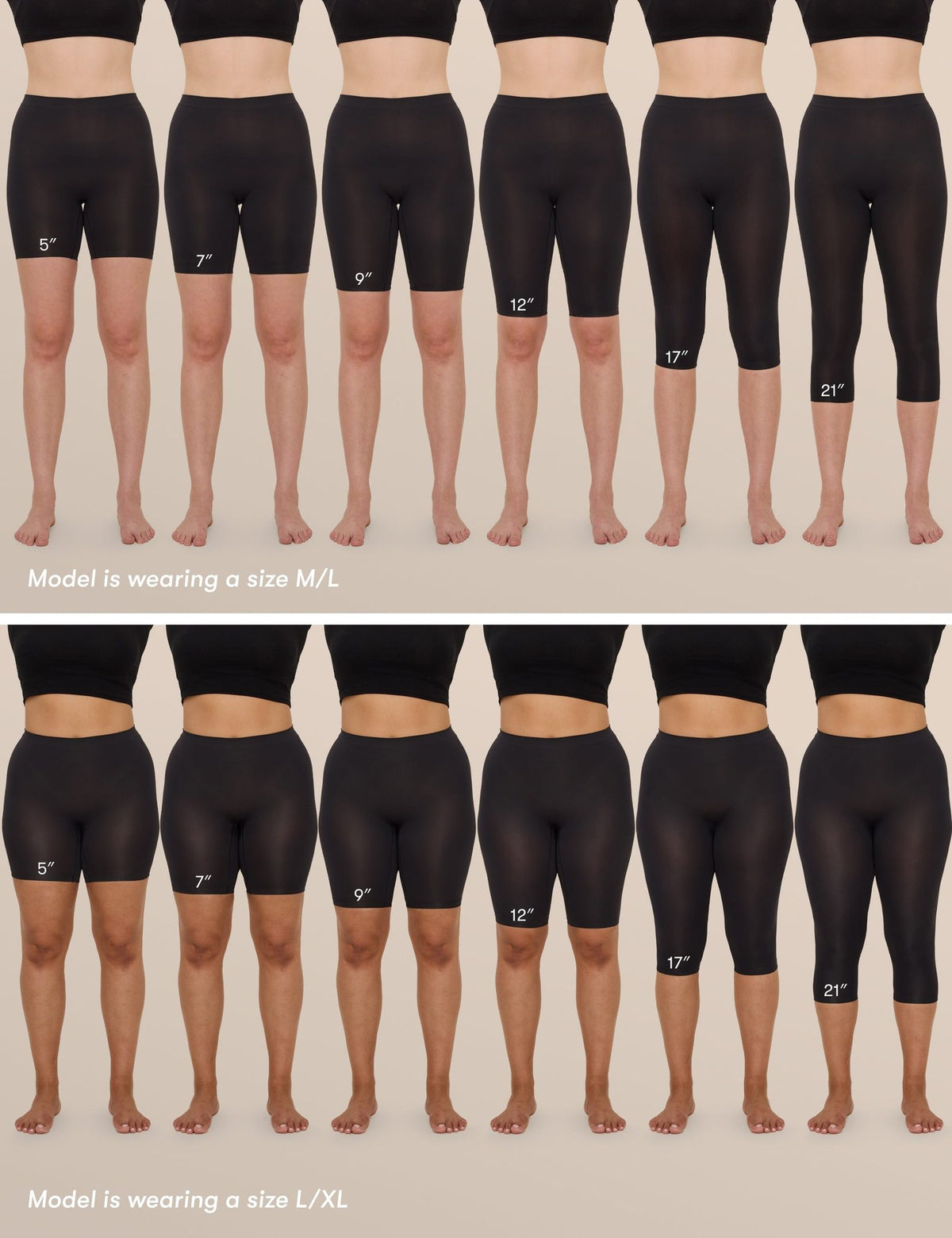 Inseam length comparison: 5, 7, 9, 12, 17 and 21 inch