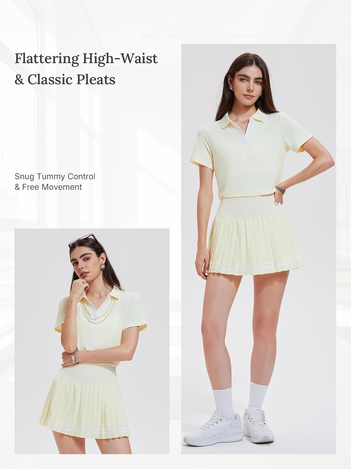 Women's 2 Piece Tennis Skirt Set - Pleated Golf Outfit with Polo V-Neck and Pockets