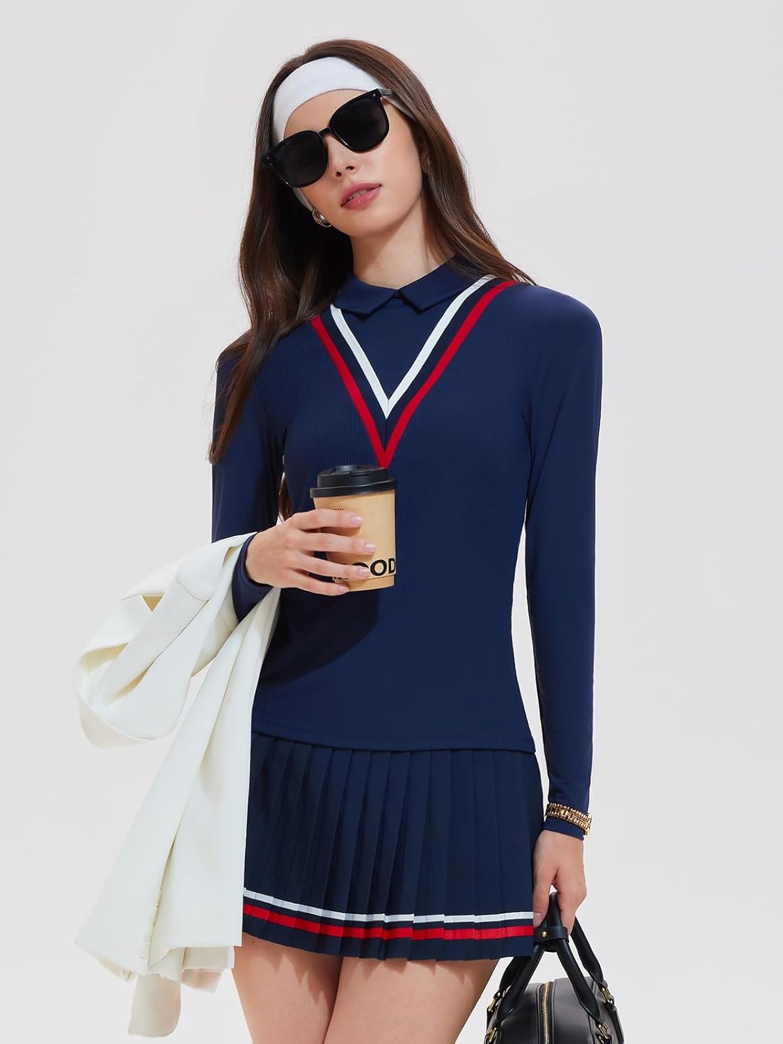Women's 2 Piece Tennis Skirt Set - Long Sleeve Preppy Polo Top & Pleated Skorts Athletic Outfit