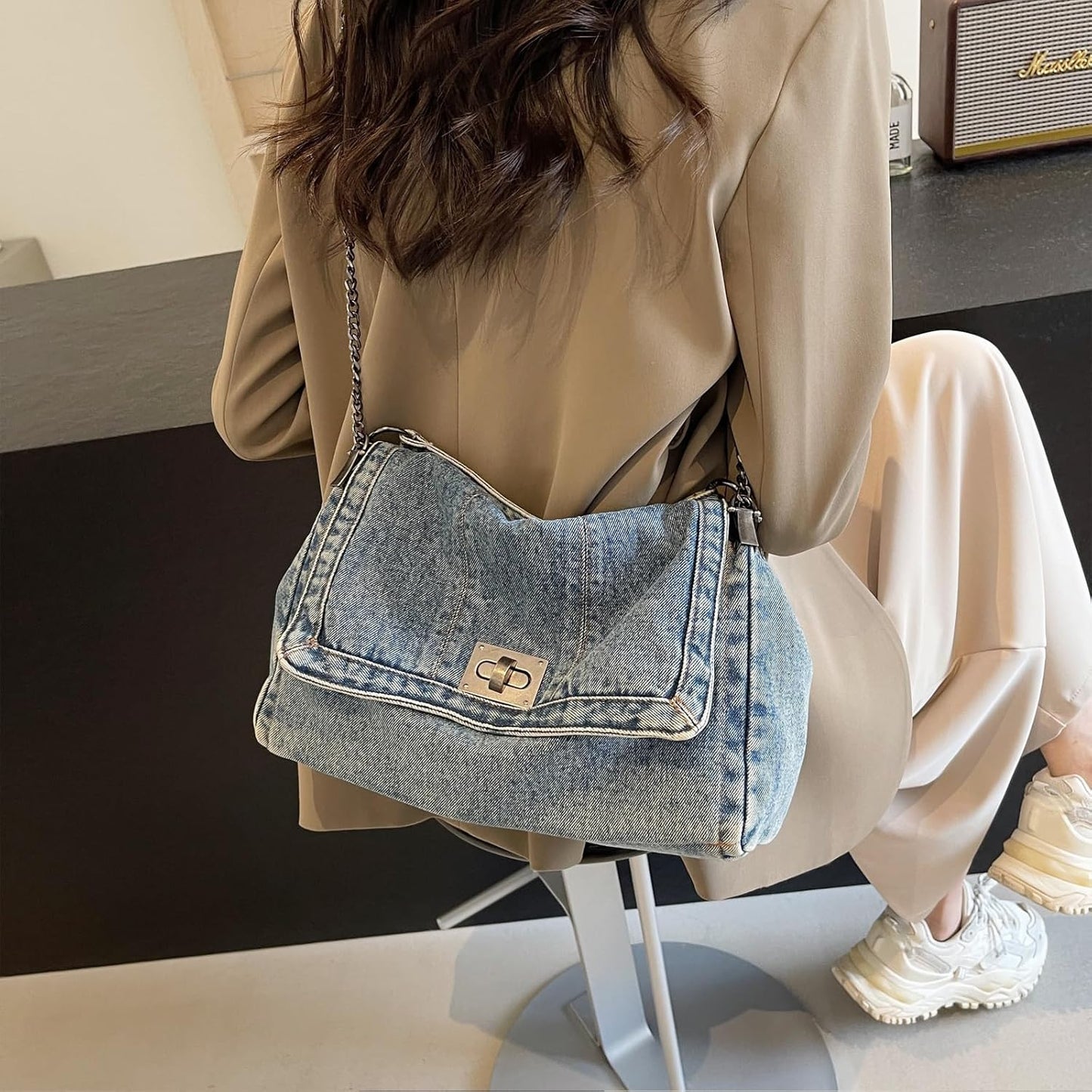 Large Denim Tote Bag for Women - Casual Retro Crossbody Shoulder Bag with Multiple Pockets