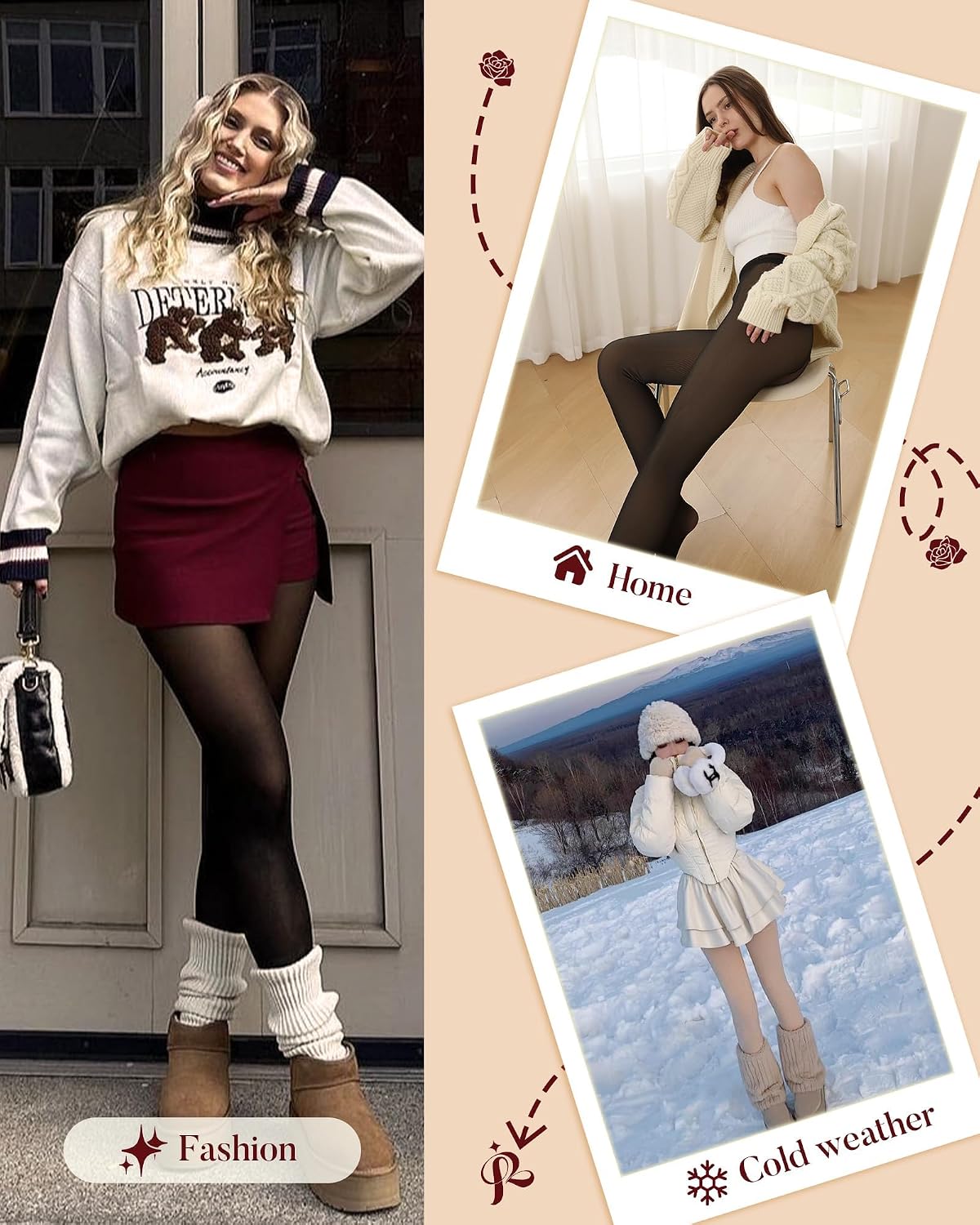 2 Pairs Fleece Lined Thermal Tights for Women - Warm Sheer Leggings for Winter