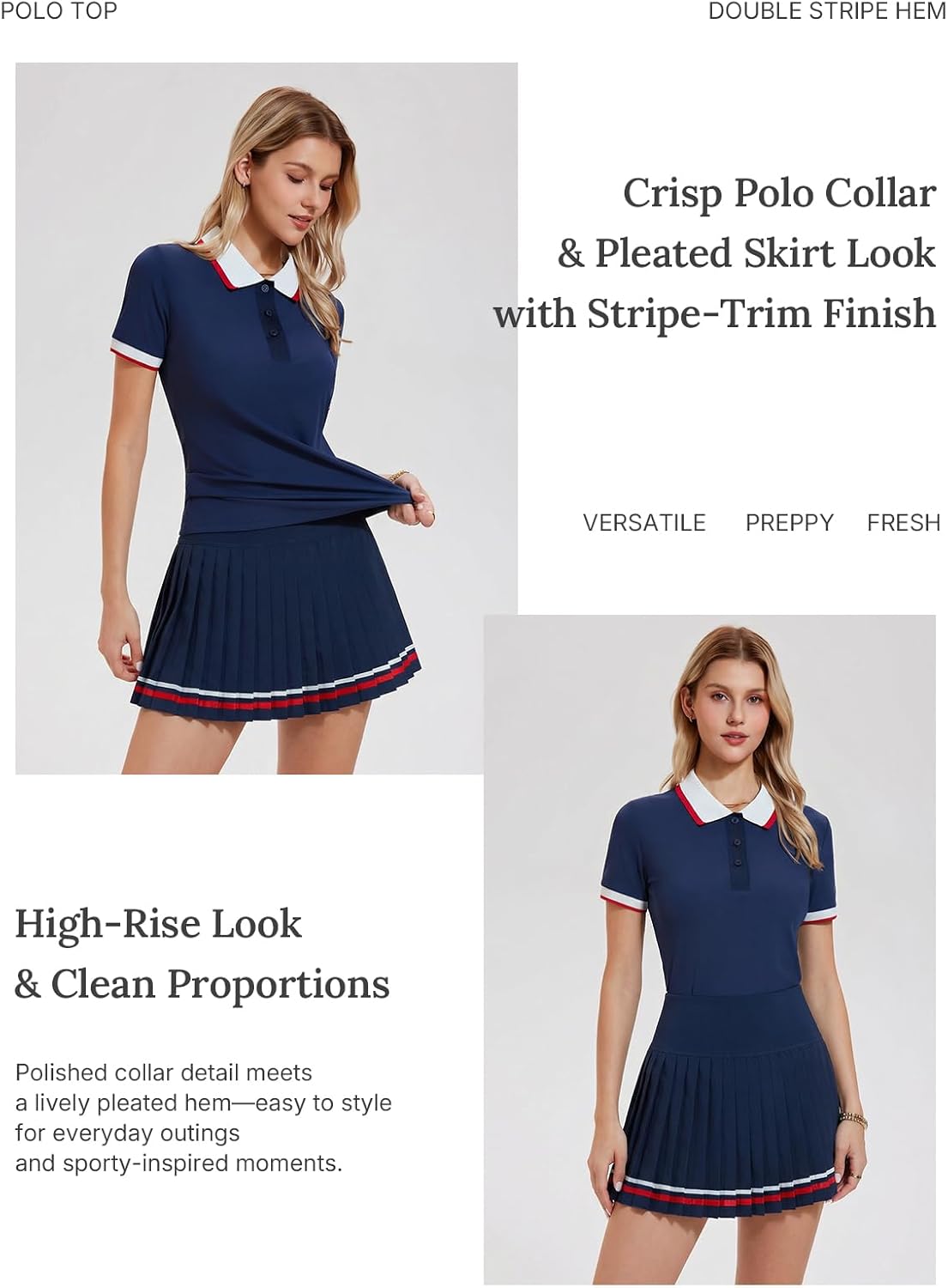 Women's 2 Piece Tennis Skirt Set - Pleated Polo Skort with Pockets for Golf and Pickleball