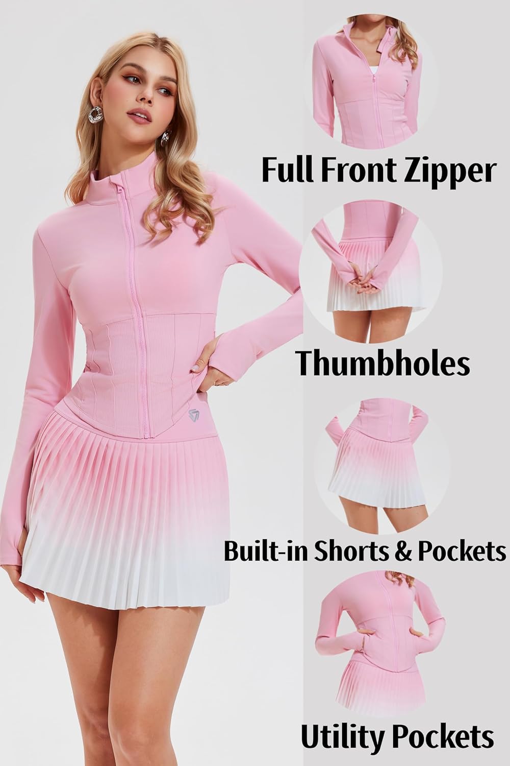 AFZ Two Piece Tennis Skirts Set for Women Long Sleeve Zip Up Workout Jacket with Pleated Mini Skirt Golf Pickleball Outfits