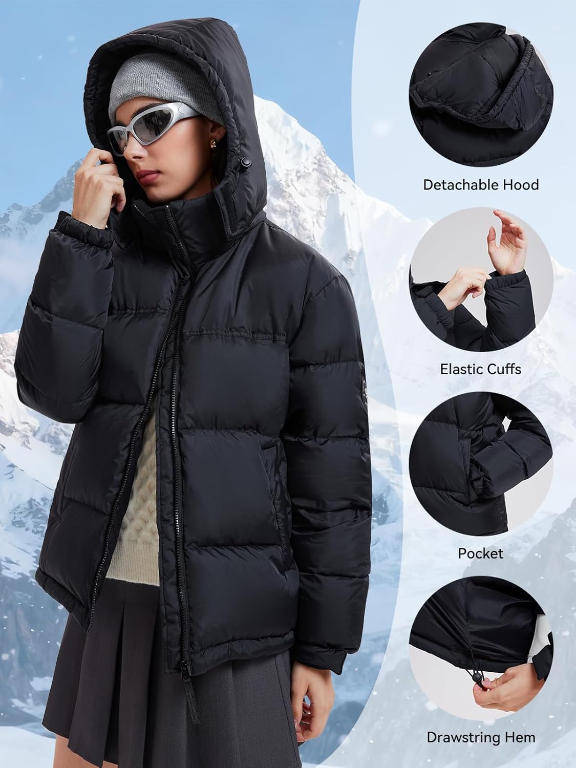 Airfree Women's 800-Down-Fill Puffer Jacket Winter Wind Resistant Water Repellent Warm Zip Pockets Hooded Down Outwear Coat