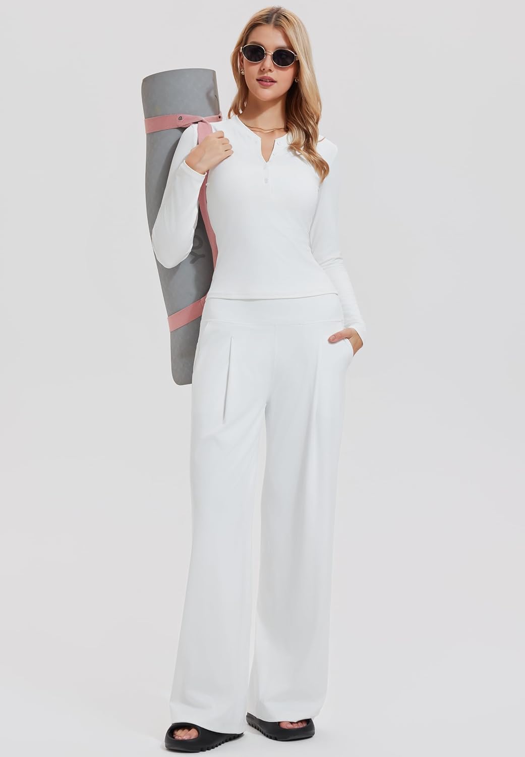 Mudere 2 Piece Matching Lounge Sets for Women Long Sleeve Henley Top with High Waist Wide Leg Pants Travel Casual Outfits