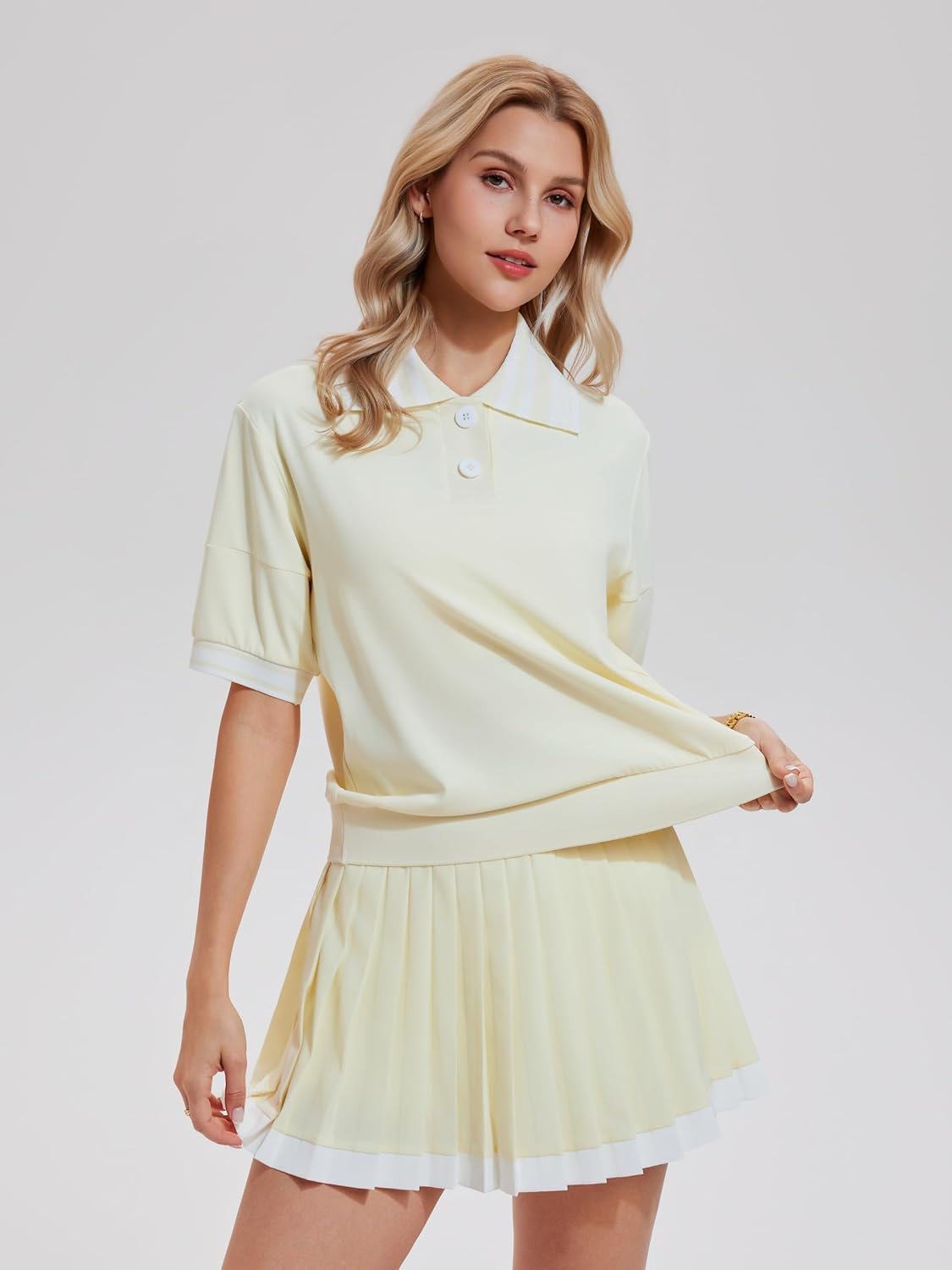 AFZ Women Tennis Skirt Set Color-Block Ribbed Tennis Shirt Athletic Dress Golf Skorts for Pickleball Pockets