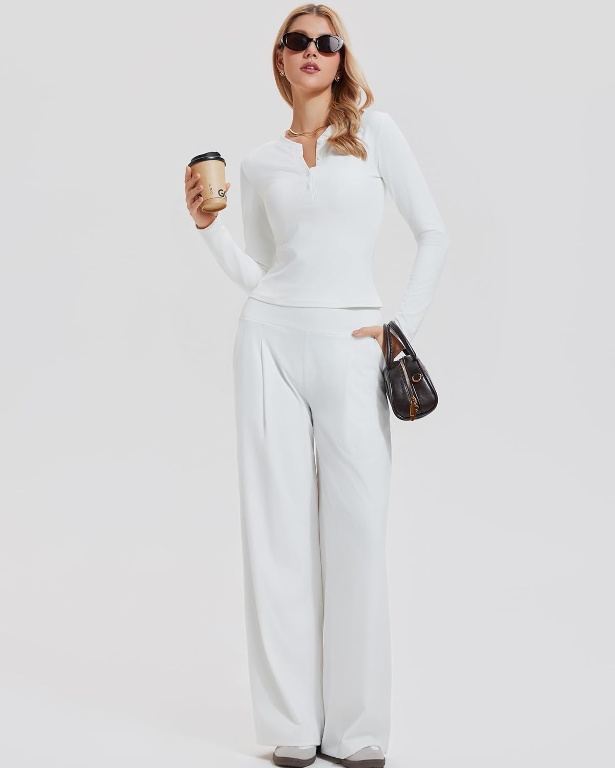 Mudere 2 Piece Matching Lounge Sets for Women Long Sleeve Henley Top with High Waist Wide Leg Pants Travel Casual Outfits