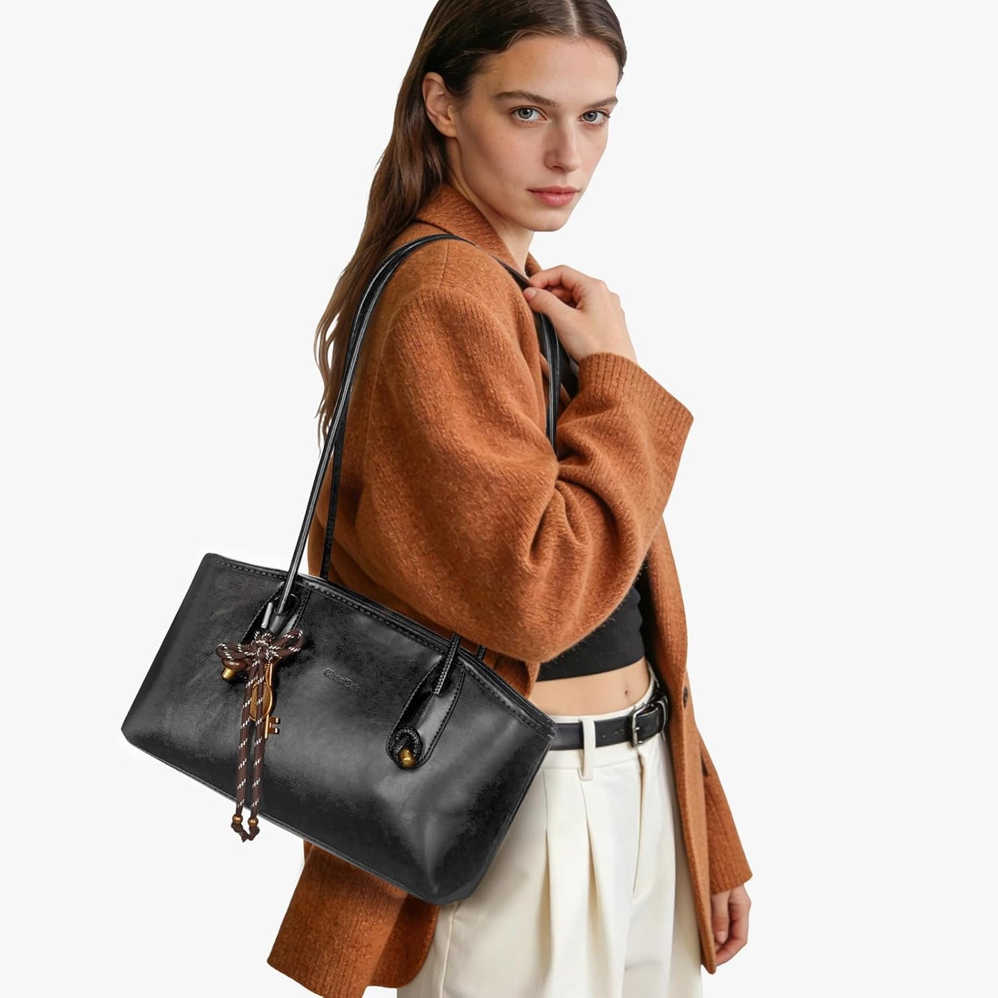 Vintage Brown Faux Leather Shoulder Bag - Fall Hobo Handbag with Cute Pendant